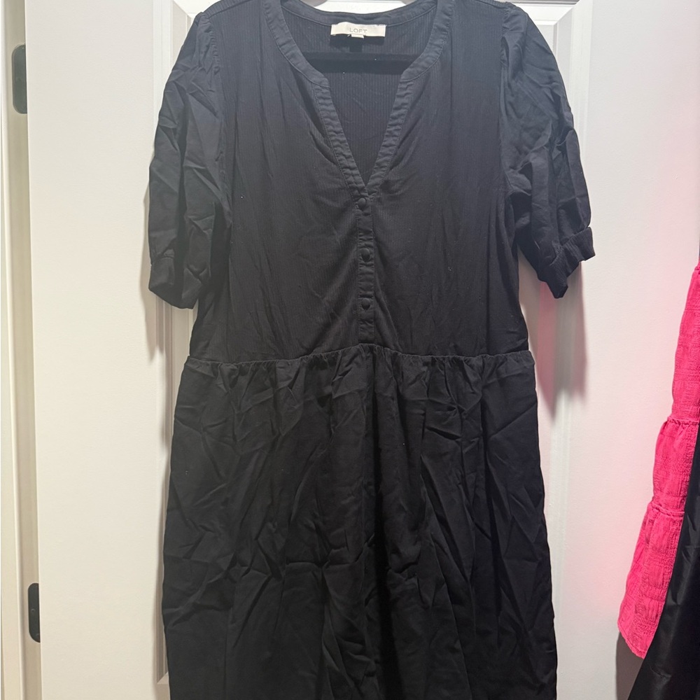 LOFT Black V-Neck Button-Front Midi Dress